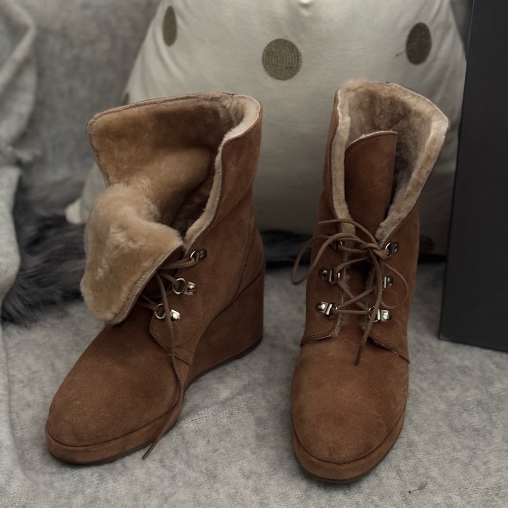 Aquatalia Brown Suede Wedge Lace-Up Shearling Ankle Boots
